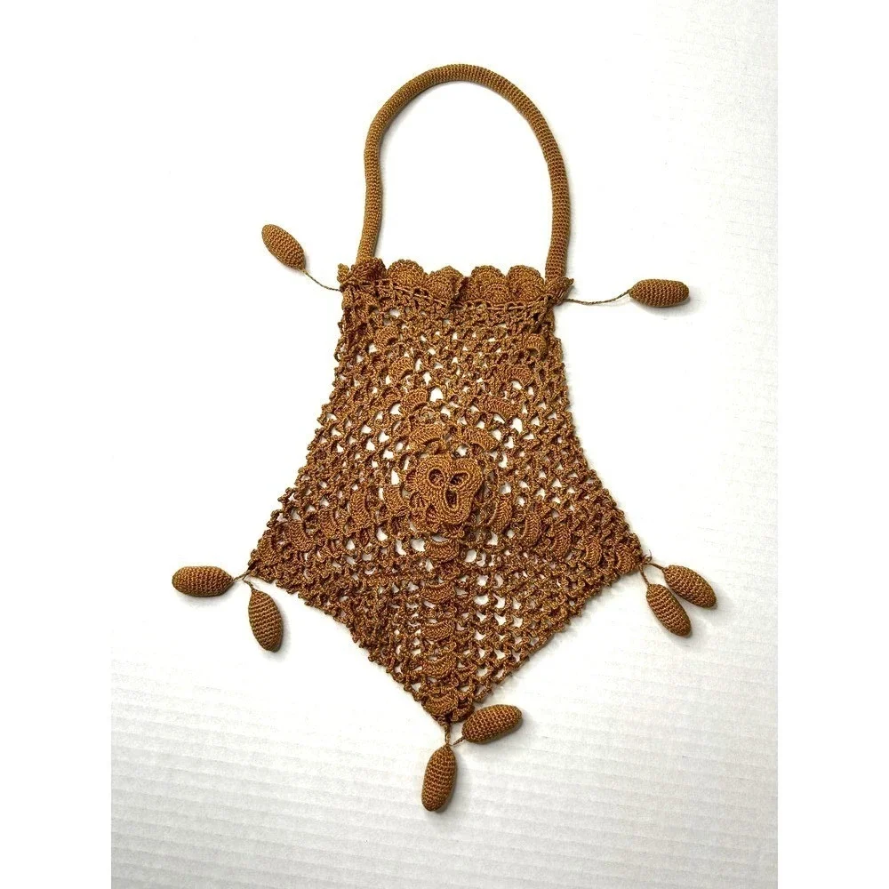 Vintage Handmade Open Crochet Drawstring‎ Handbag Purse Bag Unlined